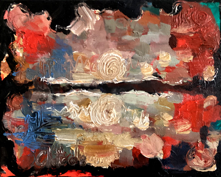 Colorful landscape with water reflection and a bright sun. Painted by Dutch Artist Colette van Ojik