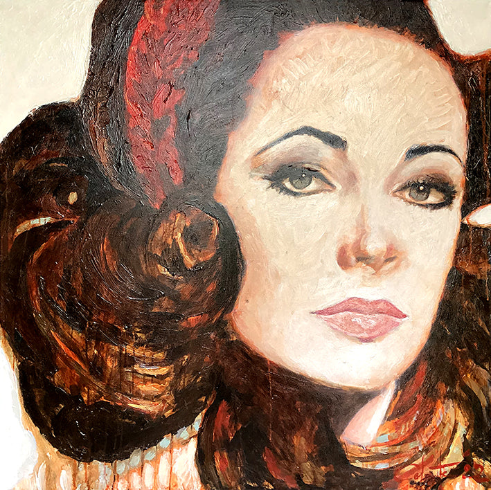 Prachtig groot portret van Elizabeth Taylor, geschilderd door Colette van Ojik, de 4,5 cm. brede zijkanten zijn meegeschilderd. Het werk kan zó aan de muur. Afmeting: 110x110x4.5 cm.