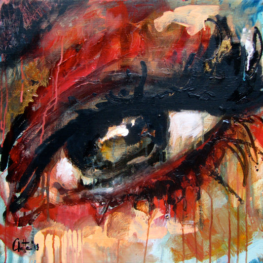Dit kleurrijke, expressionistisch geschilderde oog heeft als afmeting: 60x60x4.5 cm. Colette van Ojik heeft de zijkanten meegeschilderd, er is dus geen lijst nodig, dit originele schilderij kan zó aan de muur!