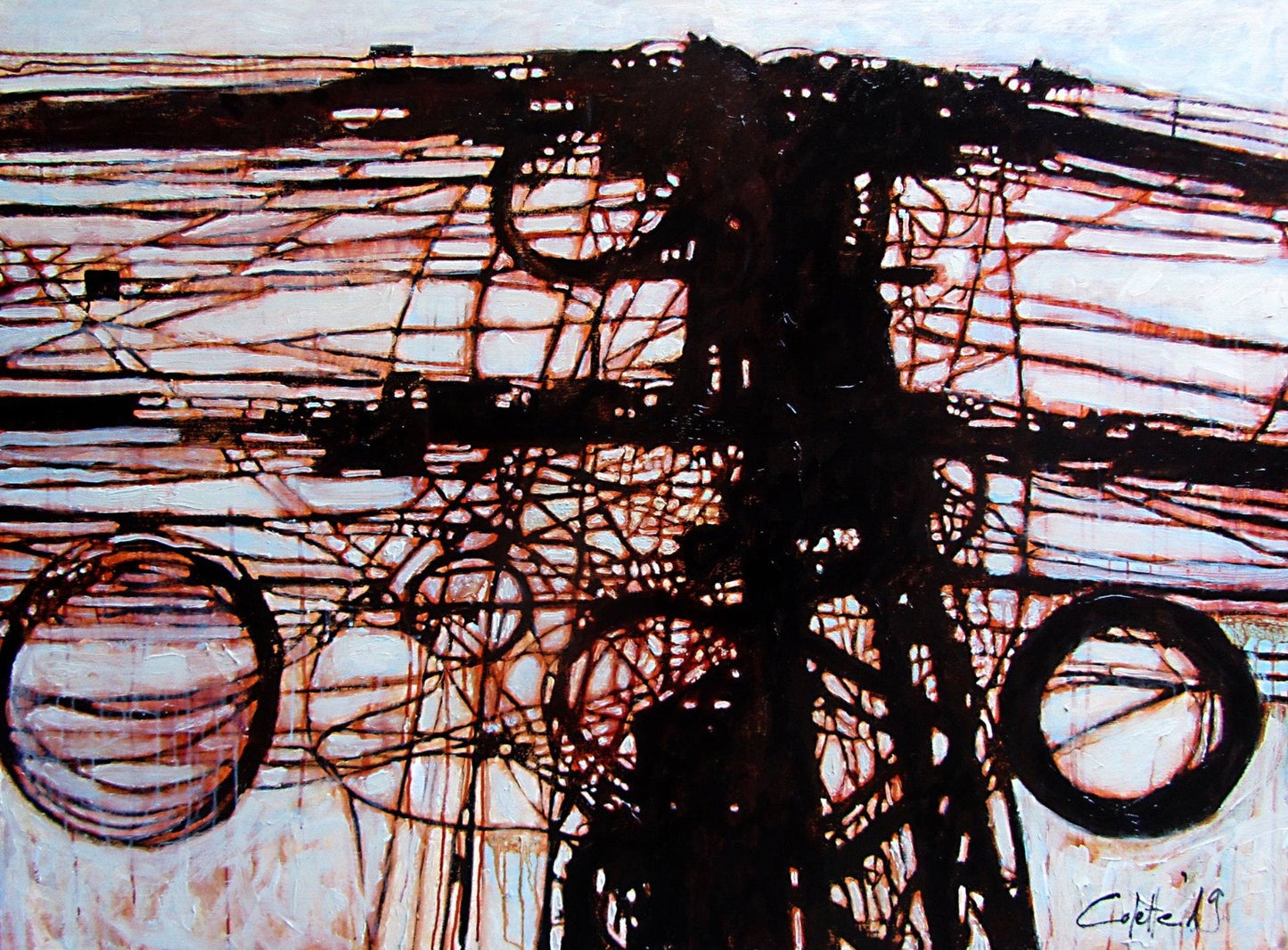 Dit originele schilderij van kluwen elektriciteitsdraden, maakte Colette van Ojik naar aanleiding van een foto die ze maakte in Phnom Penh, Cambodja. Het schilderij heeft een urban uitstraling en je raakt er niet snel op uitgekeken! Het is een groot werk, van 110x110x4.5 cm. en geschilderd op dubbeldik canvas. De brede zijkanten zijn meegeschilderd, het werk kan dus zó aan de muur.