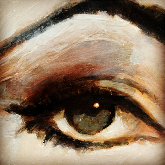 Prachtig groot portret van Elizabeth Taylor, geschilderd door Colette van Ojik, de 4,5 cm. brede zijkanten zijn meegeschilderd. Het werk kan zó aan de muur. Afmeting: 110x110x4.5 cm. detail