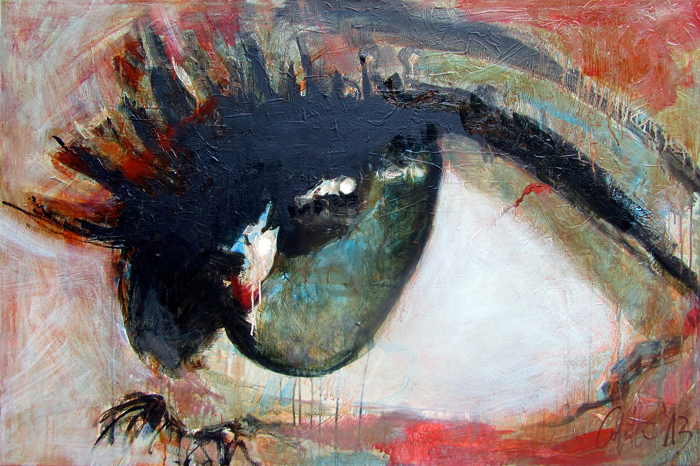 Dit kleurrijke, expressionistisch geschilderde oog heeft als afmeting: 80 x 120 x4.5 cm. Colette van Ojik heeft de zijkanten meegeschilderd, er is dus geen lijst nodig, dit originele schilderij kan zó aan de muur!