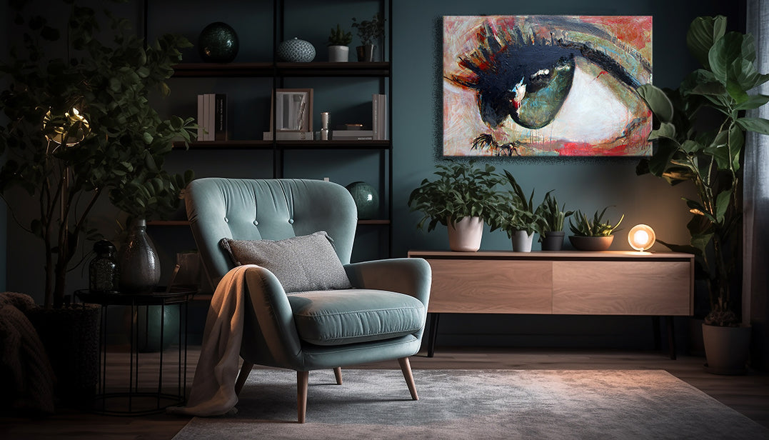 Dit kleurrijke, expressionistisch geschilderde oog heeft als afmeting: 80 x 120 x4.5 cm. Colette van Ojik heeft de zijkanten meegeschilderd, er is dus geen lijst nodig, dit originele schilderij kan zó aan de muur!