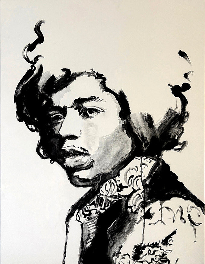 Expressive portrait in black & white of Jimi Hendrix by Dutch artist Colette van Ojik