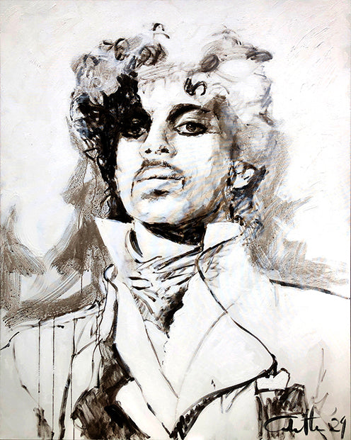 Painting of musician Prince in black and white by Dutch Artist Colette van Ojik 