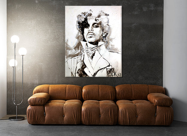 Painting in black and white of musician Prince by Dutch artist Colette van Ojik