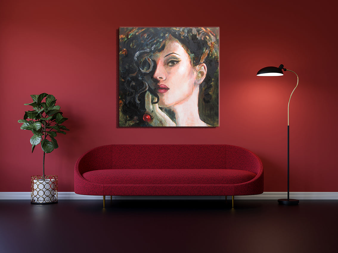 portrait of a young woman, painted by Dutch Artist Colette van Ojik. Red Lips, Red Ring in a red interior