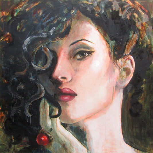 portrait of a young woman, painted by Dutch Artist Colette van Ojik. Red Lips, Red Ring.
