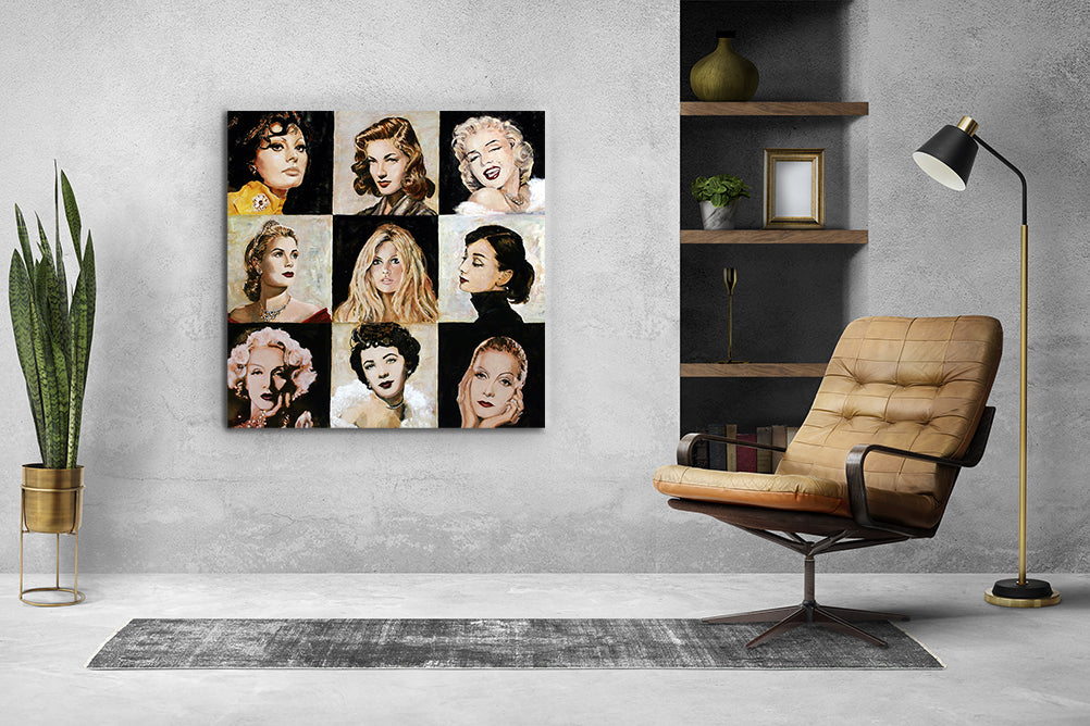  Met de klok mee: Sophia Loren, Lauren Bacall, Marilyn Monroe, Grace Kelly, Brigitte Bardot, Audrey Hepburn, Marlène Dietrich, Elizabeth Taylor en Greta Garbo. Een schilderij met 9 diva's, geschilderd door Colette van Ojik