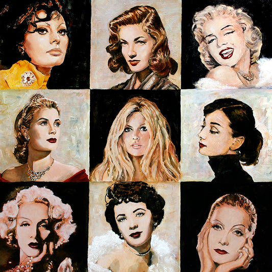 Met de klok mee: Sophia Loren, Lauren Bacall, Marilyn Monroe, Grace Kelly, Brigitte Bardot, Audrey Hepburn,  Marlène Dietrich, Elizabeth Taylor en Greta Garbo.  Een schilderij met 9 diva's, geschilderd door Colette van Ojik