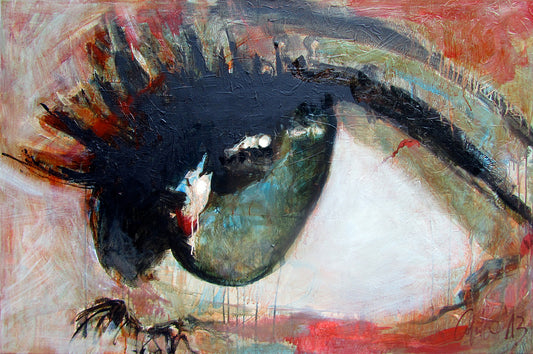 Dit kleurrijke, expressionistisch geschilderde oog heeft als afmeting: 80 x 120 x4.5 cm. Colette van Ojik heeft de zijkanten meegeschilderd, er is dus geen lijst nodig, dit originele schilderij kan zó aan de muur!