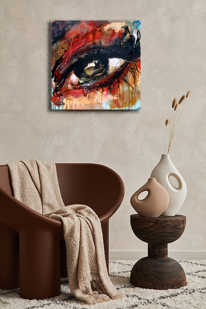 Dit kleurrijke, expressionistisch geschilderde oog heeft als afmeting: 60x60x4.5 cm. Colette van Ojik heeft de zijkanten meegeschilderd, er is dus geen lijst nodig, dit originele schilderij kan zó aan de muur!