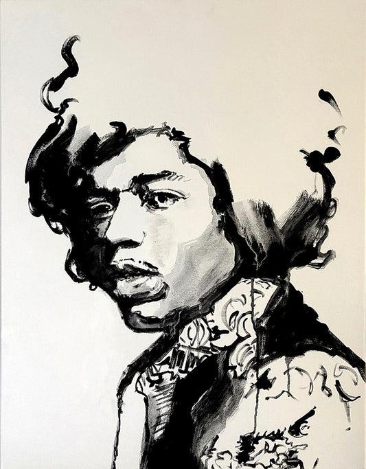 Expressive portrait in black & white of Jimi Hendrix by Dutch artist Colette van Ojik
