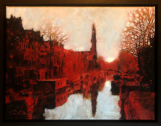 Painting of Amsterdam by Dutch artist Colette van Ojik. Vibrant red colors.