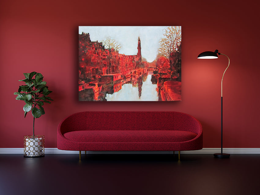 painting in red of the amsterdam canals by colette van ojik